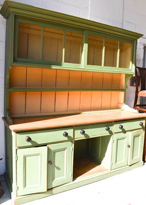 Lot 419 - A large antique pine dresser and rack, painted...