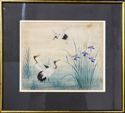 Lot 26 - A Chinese gouache on silk, depicting cranes...