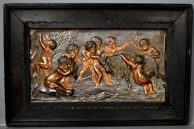 Lot 152 - An embossed metalware plaque depicting various...