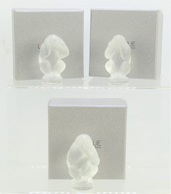 Lot 322 - Three Lalique "Wise Monkeys" paperweights with...