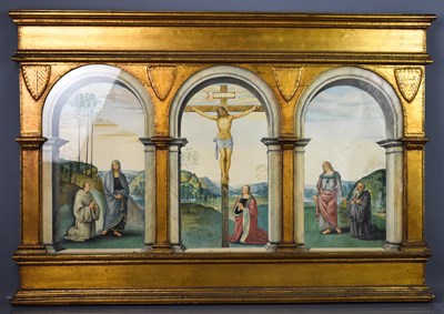 Lot 593 - A 19th century watercolour triptych, in a...