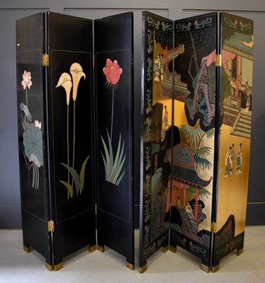 Lot 526 - A pair of Chinese three fold screens with...