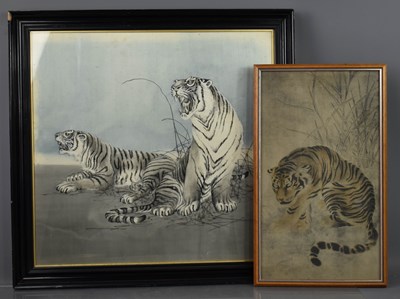 Lot 578 - A painting on silk of a pair of tigers,...