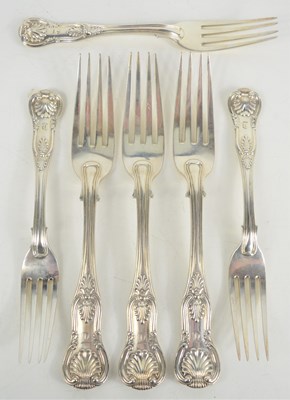 Lot 321 - Six Scottish silver table and dessert forks in...