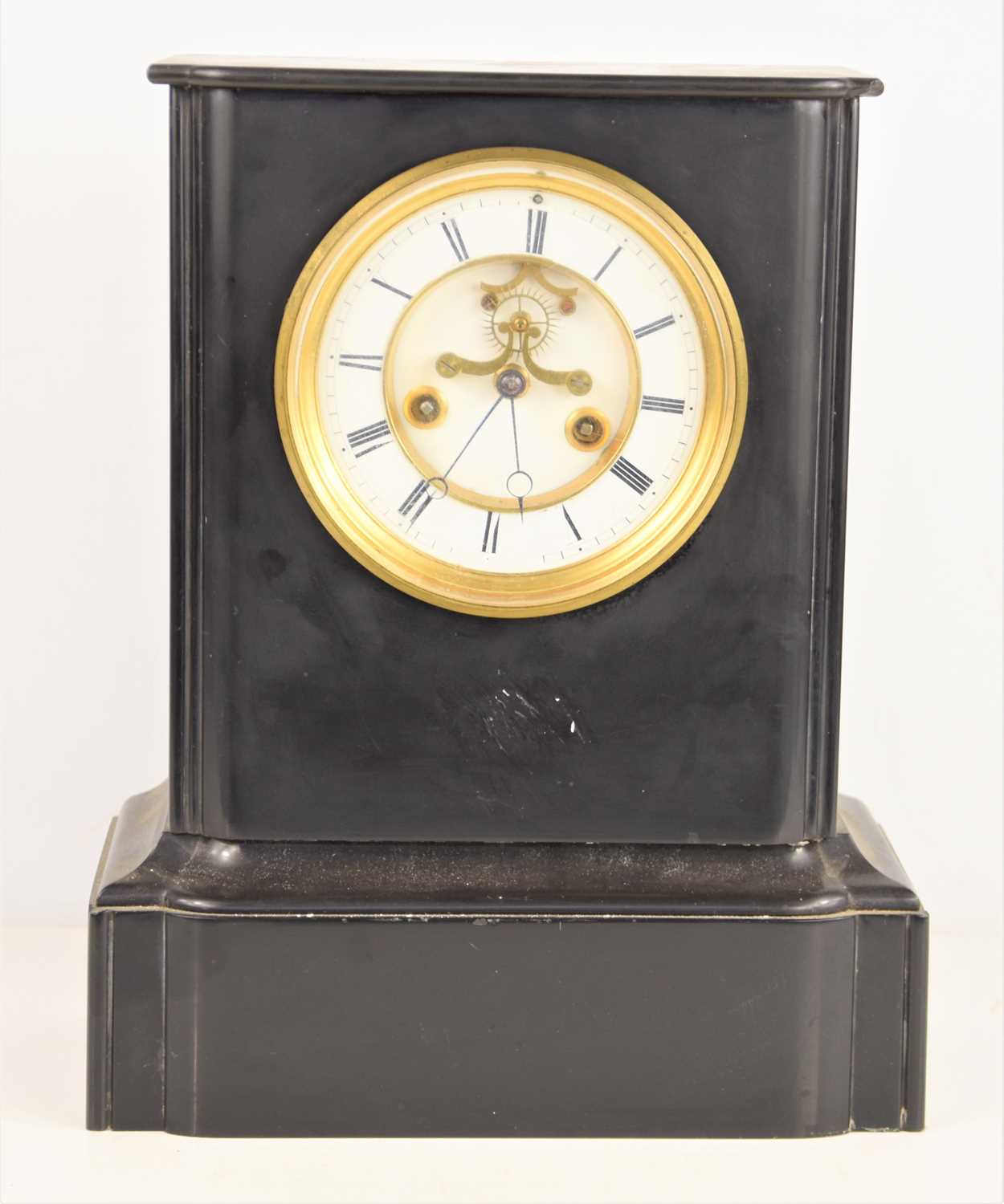 Lot 26 - A late 19th century French slate mantle clock,...