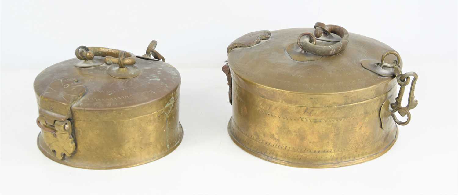 Lot 191 - Two brass Indian chapati storage boxes, hand...