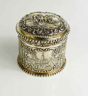 Lot 366 - A Dutch silver trinket box embossed with rural...