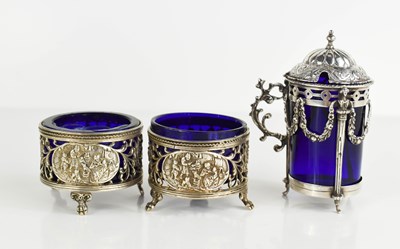 Lot 369 - A pair of Dutch silver salts with blue glass...