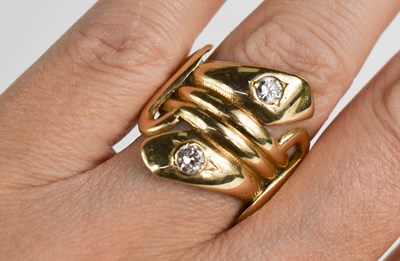 Lot 15 - A gold and diamond snake ring, tested to at...