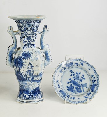 Lot 311 - A 19th century Delft twin handled blue and...