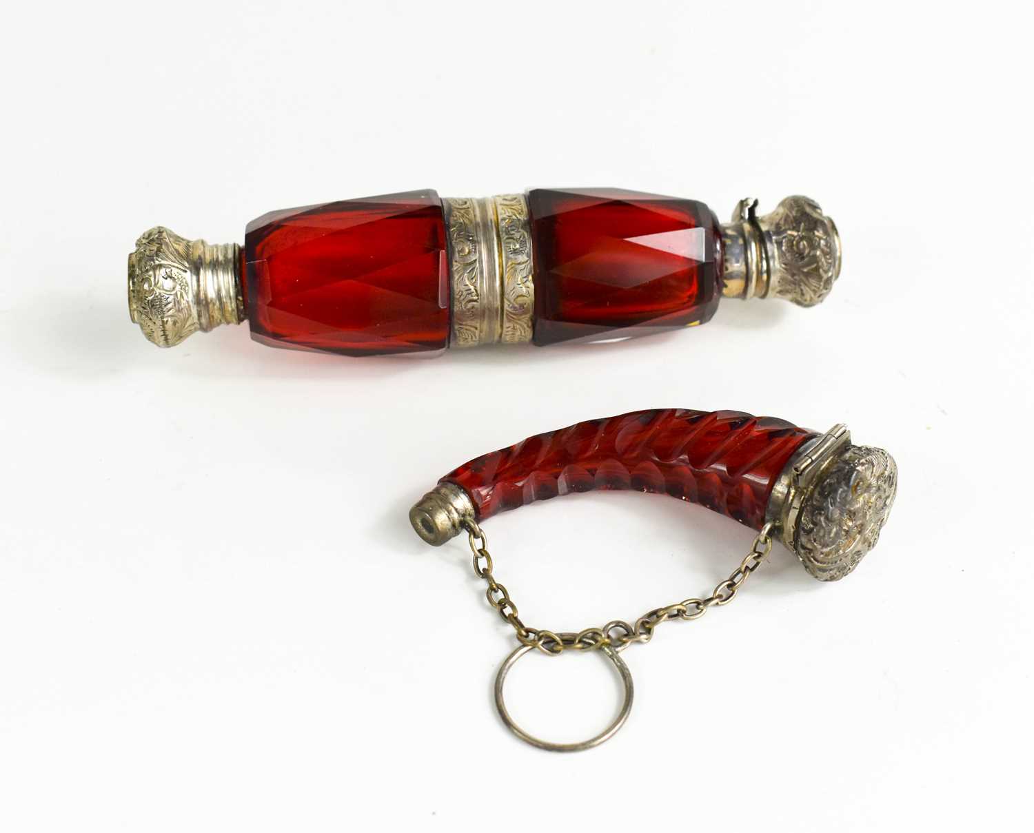 Lot 18 - Two Victorian red glass scent bottles, one in...