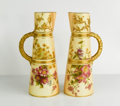 Lot 484 - A pair of Royal Worcester jugs, the peach...