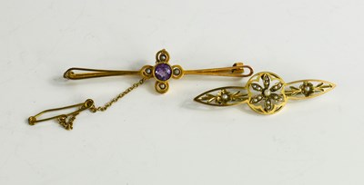 Lot 282 - Two 9ct gold bar brooches, one with safety...