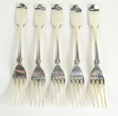 Lot 423 - Five Georgian silver dessert forks, hallmarked...