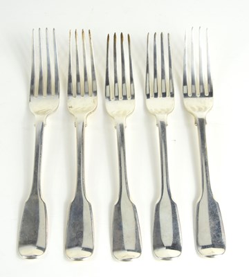 Lot 428 - Five Georgian silver dinner forks, hallmarked...