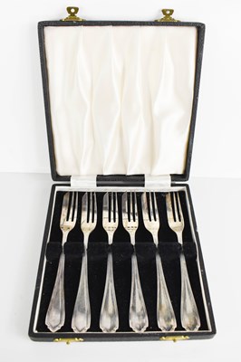 Lot 421 - A set of six fish forks, Sheffield 1948, boxed,...