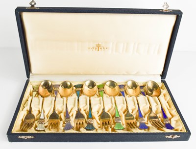 Lot 387 - A set of silver and enamel fork & spoons by...