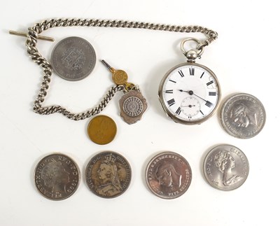 Lot 208 - A silver pocket watch with a silver Albert...