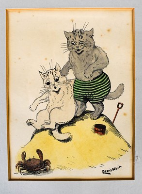 Lot 144 - Louis Wain, print of two cats on a sandcastle,...