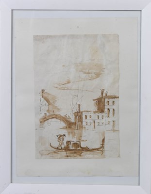 Lot 117 - A sepia watercolour depicting a Venetian scene,...