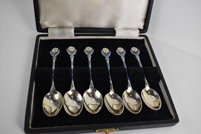 Lot 360 - A set if six silver and enamelled spoons,...