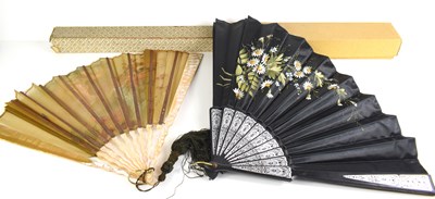 Lot 281 - Two silk fans, one of gree chiffon, hand...