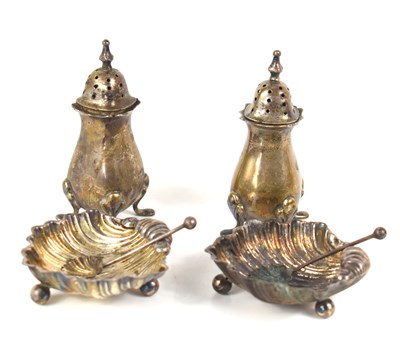 Lot 22 - A pair of silver shell salts and spoons and a...