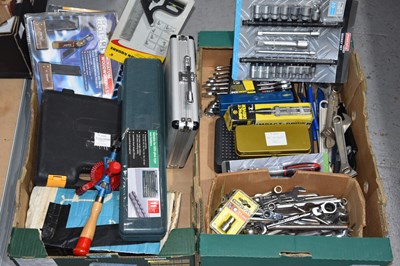 Lot 525 - Two boxes of hand tools to include spanners,...