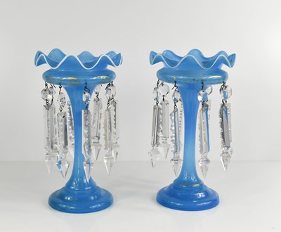 Lot 171 - A pair of blue glass lustres with gilded...
