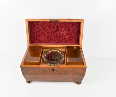 Lot 407 - A 19th century burr yew sarcophagus tea caddy...