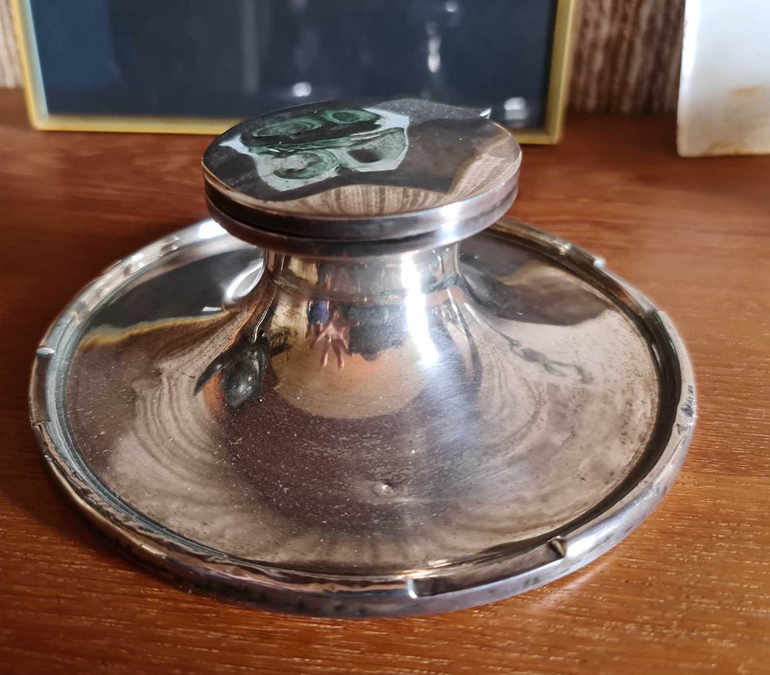 Lot 6 - A silver desktop inkwell, with indistinct...