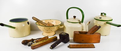 Lot 292 - Vintage enamelware and tools